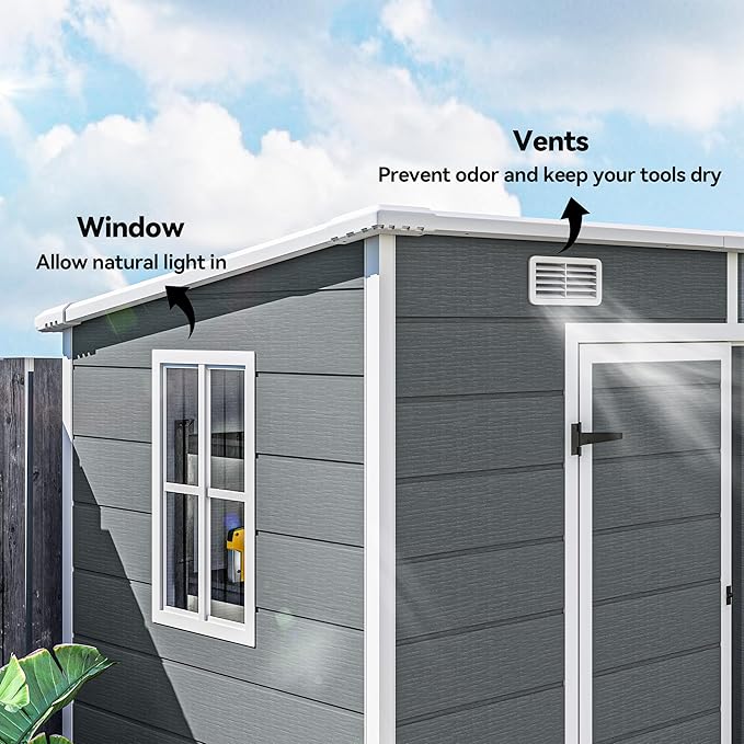 Outsunny 8' x 4' Outdoor Storage Shed, Resin Plastic Shed with Floor, Window, Lockable Doors and Vents, All-Weather Tool Shed for Backyard, Patio, Lawn, Gray