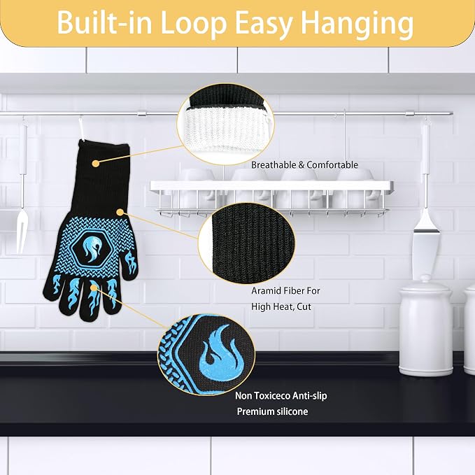 BBQ Fireproof Gloves, Grill Cut-Resistant Gloves 1472°F Heat Resistant Gloves, Non-Slip Silicone Oven Gloves, Kitchen Safe Cooking Gloves for Oven Mitts,Barbecue,Cooking, Frying,13.5 Inch-Sky Blue