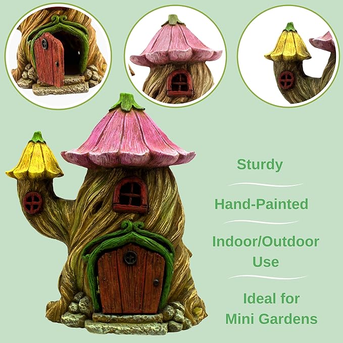 PRETMANNS Fairy House Kit - Fairy Garden Accessories for Outdoor Miniature Village Decor, with Fairies & Sign - House, 7 ‘ High & Door can Open Wide - 4 Piece Supplies