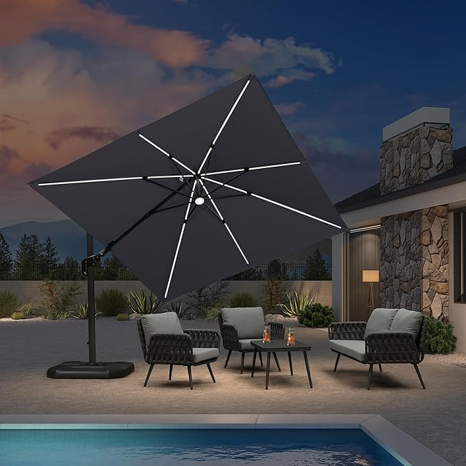 PURPLE LEAF 10 Feet Patio Umbrella Outdoor Cantilever Solar Powered LED Swivel Square Umbrella Aluminum Offset Umbrella with 360-degree Rotation for Garden Deck Pool Patio Light Grey