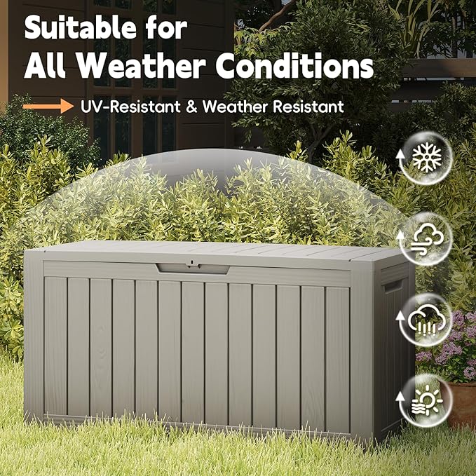 Outdoor Storage Box, 72 Gallon Waterproof Resin Deck Box, Storage Bin for Package Delivery, Patio Furniture Cushion, Garden Tools, Pool Accessories, Weatherproof and UV Resistant, Grey