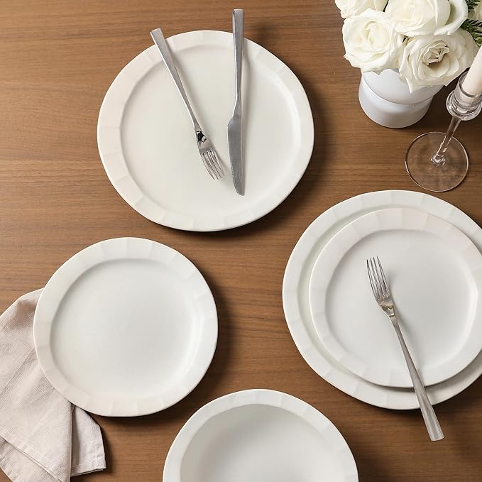 Stone Lain Oasis 12-Piece Dinnerware Set Stoneware, Dishwasher and Microwave Safe Plates and Bowls Set, Dish Set for 4, White