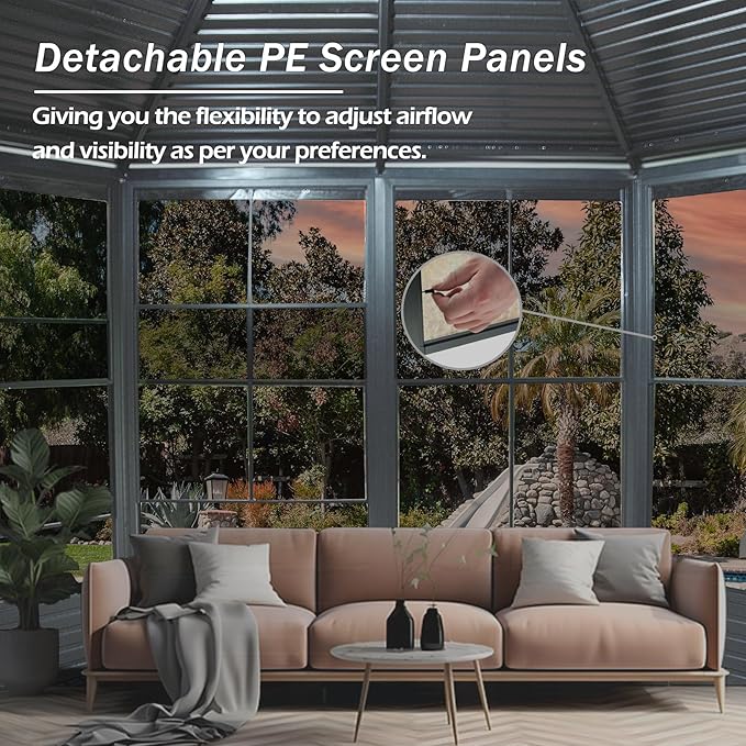 Domi 13x13FT Sunroom, Octagonal Solarium Aluminum Hardtop Gazebo with Galvanized Steel Roof, Detachable PE Screen, Sliding Door, Sun Room Pavilion Gazebo for Deck Backyard Garden
