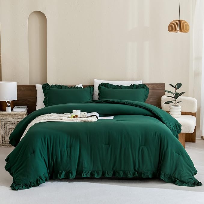 Andency Dark Green Ruffle Comforter Set, 2 Pieces Kids Comforter Set Twin(66x90Inch), Farmhouse Shabby Chic Comforter Set, Soft Microfiber Kids Bedding Set
