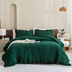 Andency Dark Emerald Green Comforter Set Queen, 3 Pieces Solid Ruffle Farmhouse Bedding Set for Queen Bed, Lightweight Soft Ruffled Bed Comforter Set for All Seasons