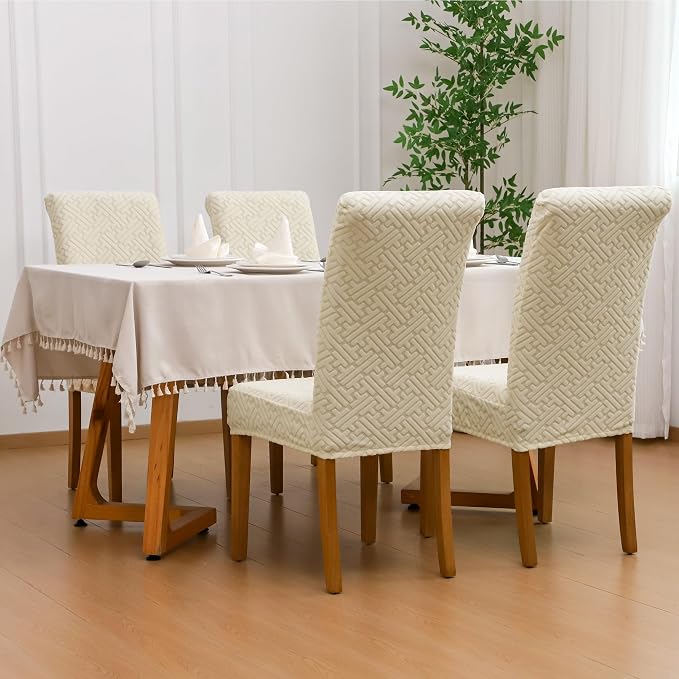 FORCHEER Chair Covers for Dining Chairs 4 Pack Beige Jacquard Stretch Parsons Chair Slipcovers Washable Removable