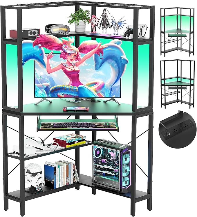 Cyclysio Small Corner Desk with Hutch, Corner Gaming Desk with LED Light & Power Outlets, Computer Desk with Keyboard Tray, Triangel Desk for Small Space, Home Office, Workstation, Black