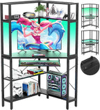 Cyclysio Small Corner Desk with Hutch, Corner Gaming Desk with LED Light & Power Outlets, Computer Desk with Keyboard Tray, Triangel Desk for Small Space, Home Office, Workstation, Black