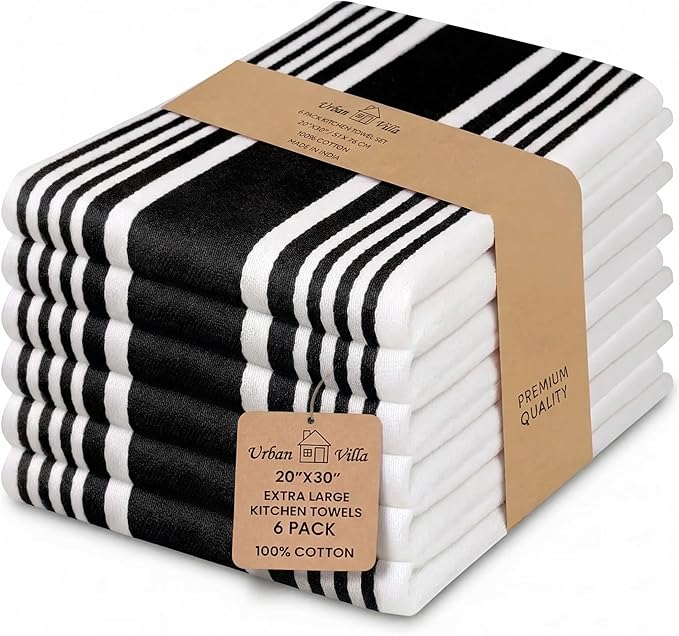 Urban Villa Kitchen Towels Cotton Dish Towels 20”x30” (Set of 6) Black