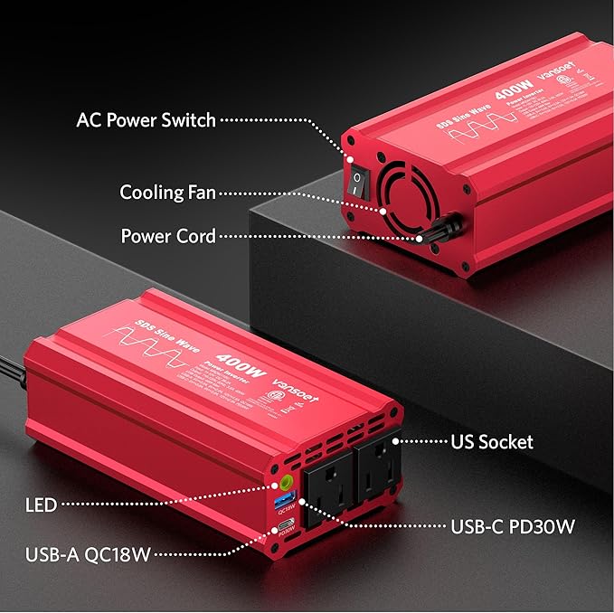 400W Peak Clipped Sine Wave Car Power Inverter DC 12V to AC(2 Outlets) 110V Car Charger Plug Adapter Power Converter with PD3.0 & QC18W Dual USB Charging Ports