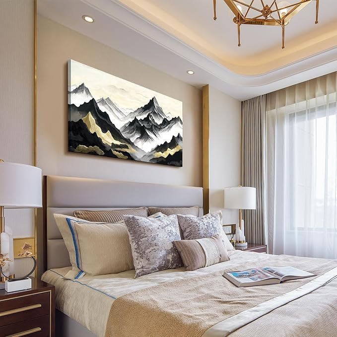 amatop Large Abstract Mountain Wall Art for Living Room Office Bedroom Modern Landscape Canvas Art Print Inspirational Artwork Horizontal Black Gold and White Nature Picture Wall Decor 48x24 Inch