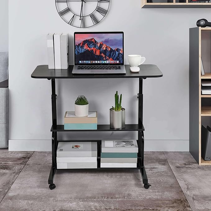 Home Office Rolling Desk Small Spaces Sofa Bedroom Bedside Adjustable Table Student Computer Wall Desk Portable Learn Play Game Desk on Wheels Movable with Storage Size 31.5 * 15.7 Inch Black C