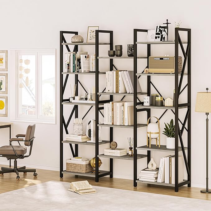 IDEALHOUSE Triple Wide 5 Tier Book Shelf, Tall Bookshelf with Open Display Shelves, Industrial Large Bookshelves and Bookcases with Metal Frame for Living Room, Bedroom, Home Office-Grey
