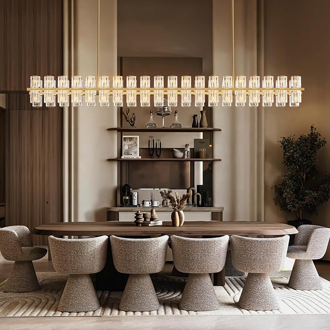 Crystal Brass Rectangular Chandelier Light Fixture,72 in Dining Room Chandeliers Over Table,Modern Chandelier For Living Room,Arcachon Chandeliers,Kitchen Island Chandelier,Includes 80xG4 Bulbs
