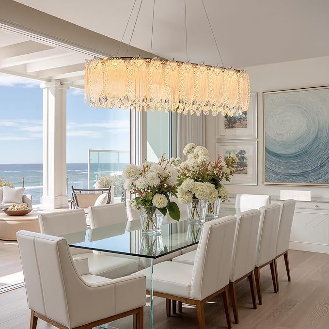 Gold Rectangle Modern Chandeliers for Dining Room Light Fixture, Water Ripple Crystal Glass LED Chandelier for Kitchen Island Bar Living Room, 2700K-6000K