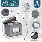 Uiifan 4 Pcs Wine Glass Storage Box with Dividers 12 Compartment Stemware Storage Cases China Container Box with Lid, Handles, PVC Window for Moving, Gray