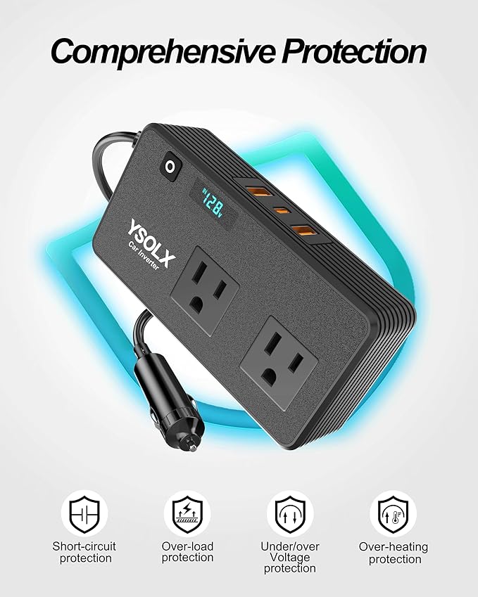 YSOLX 300W Power Inverters for Vehicles, DC 12v to AC 110v Car Inverter Converter, 24W USB Fast Charging Port, Dual AC Car Plug Adapter Outlet for Laptops Camping (LED Display)