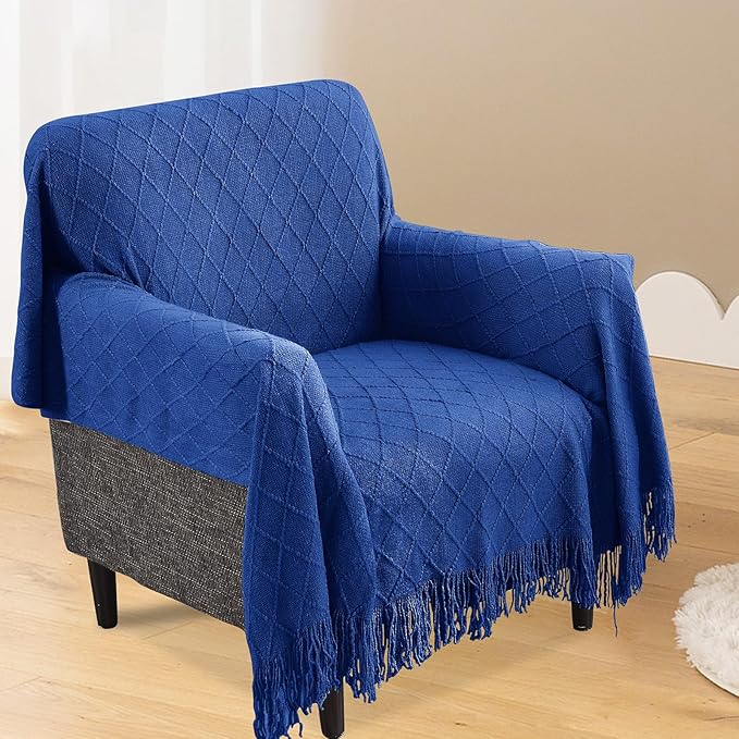 inhand Knit Klein Blue Throw Blanket for Couch, Soft Living Room Home Decor Knitted Twin Size Blanket, Outdoor Lightweight Breathable Summer Blanket, Farmhouse Warm Woven Decorative, 60"x80"
