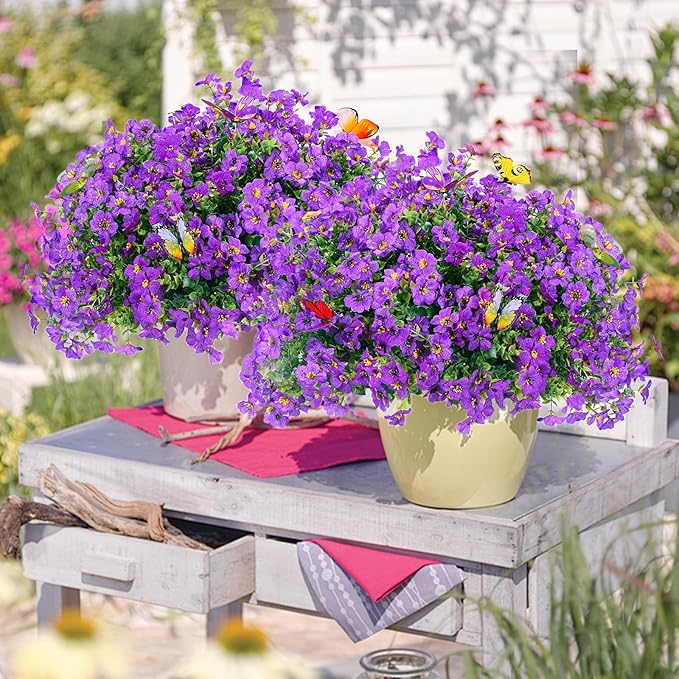 ‌20 Bundles Artificial Flowers for Outdoors‌ with 6 Faux Butterflies, UV Resistant ‌Fake Flowers‌ with Eucalyptus Leaves, ‌Artificial Plants Outdoor‌ for Patio Garden Porch Home Decor (Purple)