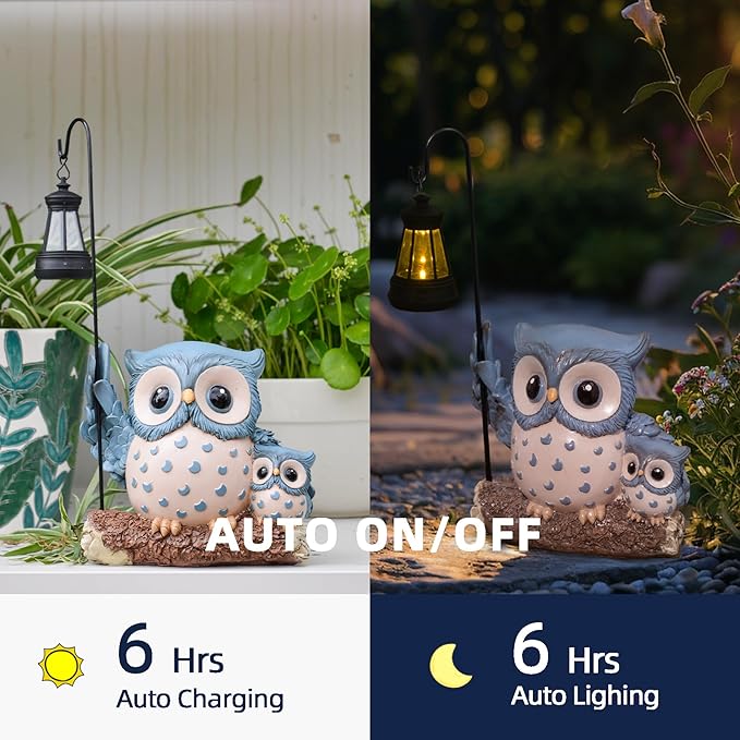 Garden Statues Owl with Solar LED Lantern, Resin Solar Garden Decor for Outside, Yard Decorations Outdoor for Patio, Porch, Balcony, Lawn Ornaments, House Warming Birthday Gifts for Mom Women Grandma