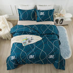 Blue Green Comforter Set King Size, 3 Pieces Modern Lines Pattern with Love, Soft Microfiber Bedding Comforter Set, Down Alternative Comforters for All Season (104 * 90’’)