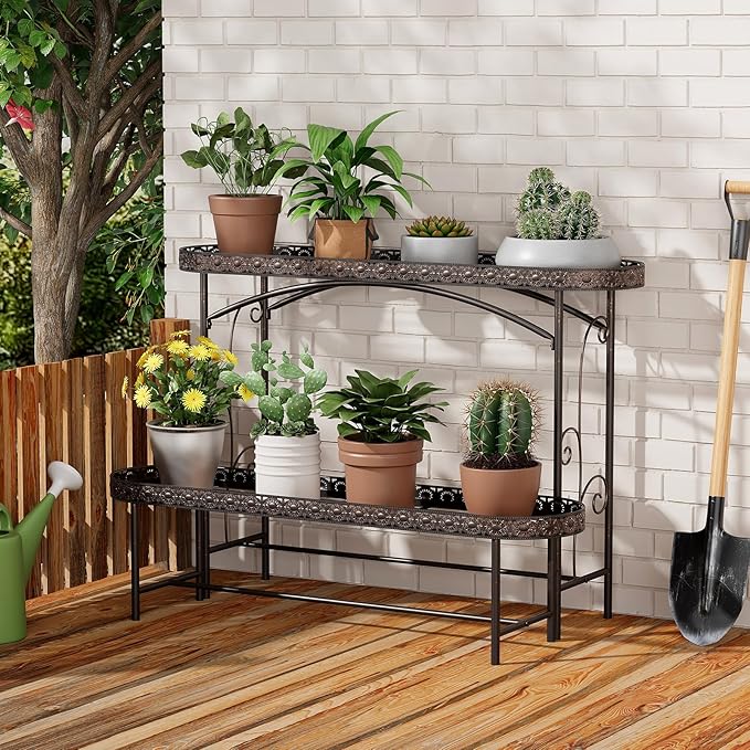 Plant Stand Outdoor Indoor 2 Tier Metal Pland Stand, Detachable Heavy Duty Tall Plant Shelf Rack Flower Pot Holder for Patio Garden Balcony Living Room, Distressed Vintage Black