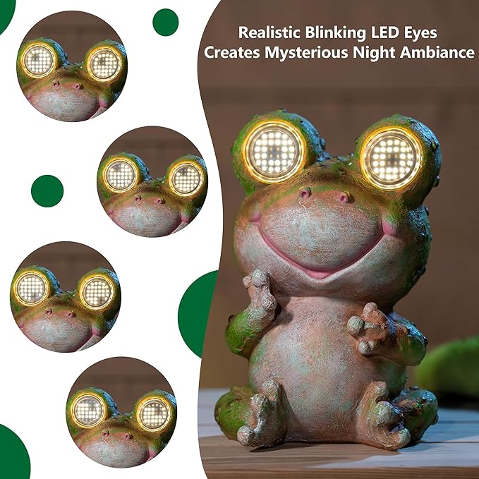 Solar Frog Garden Statue with Rotating Blinking Led Eyes Waterproof Resin Outdoor Decor Auto Dusk-to-Dawn Sensor for Patio Yard Garden Unique Birthday Housewarming Gifts for Women Mom Grandma
