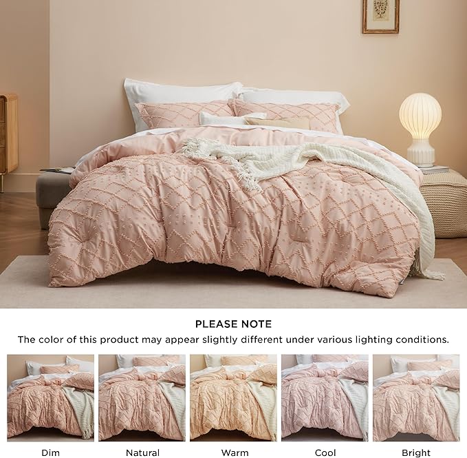 Bedsure Twin/Twin XL Comforter Set - Coral Pink Boho Twin Extra Long Comforter Set for College, Shabby Chic Dorm Bedding Set, 2 Pieces Modern Farmhouse Bed Set, includes 1 Pillow Sham