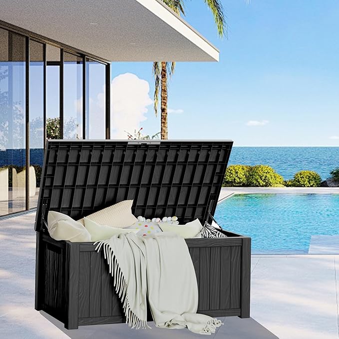 150GAL Black Large - Capacity Outdoor Deck Box with Lockable Compartment - Waterproof, SGS - Protected Against UV, Ideal for Storing Large Patio Furniture Sets and Seasonal Decor, Hassle