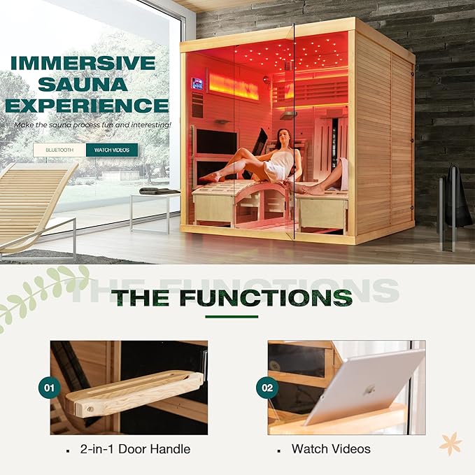 Infrared Sauna,2 Person Luxurious Indoor Sauna with Recliner, Wooden Sauna with 7-Color Starry Ceiling,9 Heating Tubes,5 Carbon Panels,2-in-1 Door Handle,Himalayan Salt Brick,220V