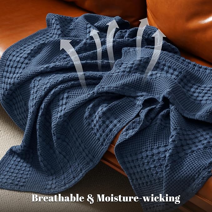 PHF 100% Cotton Waffle Weave Blanket Twin Size, Soft Lightweight Breathable Cozy Summer Blankets for Bed, Luxury Aesthetic Woven Bedding for Home Decor, 66"x90", Bright Navy Blue