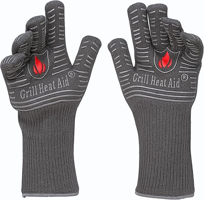 GRILL HEAT AID BBQ Grill Gloves Heat Proof for Grilling – Fireproof 1472°F Heat-Resistant Grill Mitts for Outdoor Barbecue and Smoker, Campfire, Fire Pit, Oven Glove with Fingers for Baking Pizza