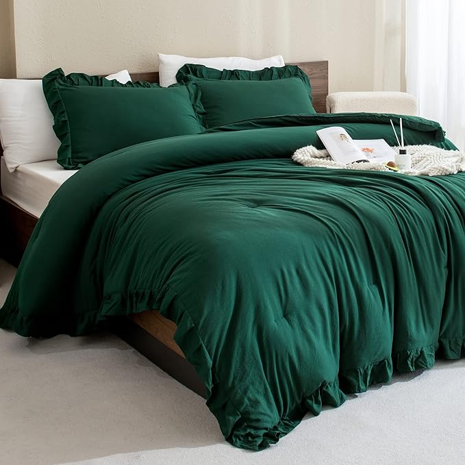 Andency Dark Green Ruffle Comforter Set, 2 Pieces Kids Comforter Set Twin(66x90Inch), Farmhouse Shabby Chic Comforter Set, Soft Microfiber Kids Bedding Set