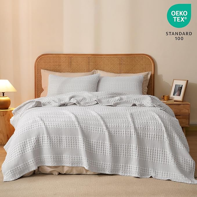 PHF 100% Cotton Waffle Weave Blanket Twin Size, Soft Lightweight Breathable Cozy Summer Blankets for Bed, Luxury Aesthetic Woven Bedding for Home Decor, 66"x90", Light Grey