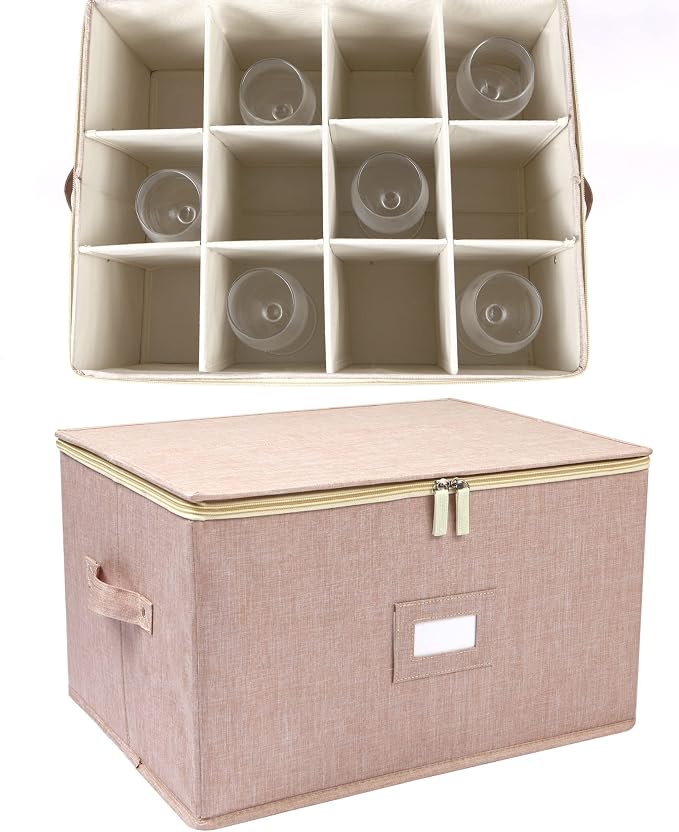Wine Glass Storage Box, Stemware Storage Containers Cases with Dividers | Stackable Moving Supplies for 12 Wine Glasses, Drinkware , Glassware or Crystal, Hard Top and Stackable (Beige)