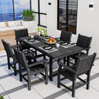 Pamapic 7 PCS Outdoor Dining Set, Spacious HDPE Outdoor Table and Chairs, Wood Grain Patio Furniture Sets with Elegant Armrest, All-Weather Patio Dining Table with Umbrella Hole, Black