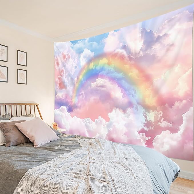 HVEST Rainbow Cloud Tapestry, Polyester Wall Art, Rainbow and Pink Cloud with Glow Sunshine in Pastel Sky, Aesthetic Nature Landscape, Bedroom Living Room Decor, 60x40 Inches