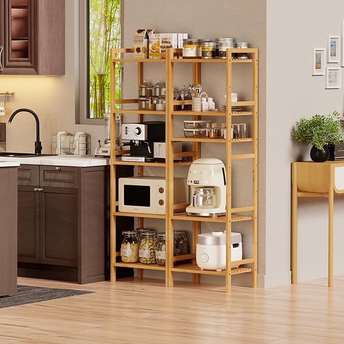 Tall Narrow Bookshelf, 5 Tier Bathroom Shelf Bamboo, Floor Standing Display Storage Organizer for Small Space, Adjustable Shelves, Natural Wood Bookcase