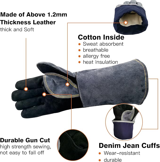 WZQH 16 In,932℉,Welding Gloves,Fireplace Glove,Fire & Heat Resistant,XL | Mitt for BBQ,Oven,Grill,Tig,Mig,Baking,Furnace,Stove,Pot Holder,Animal Handling Glove, Forge,etc.Leather,X-Large,Black-gray