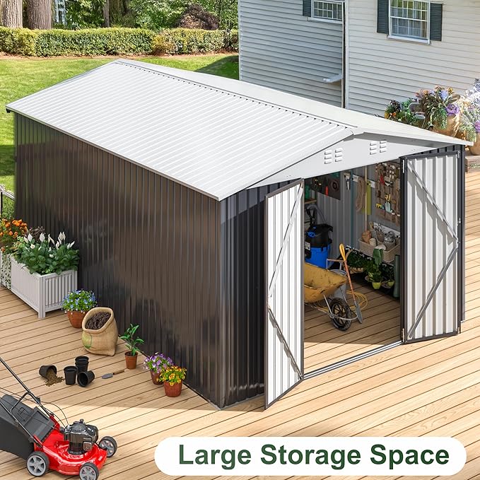 WKM 10x14 Outdoor Storage Shed, Garden Shed with Updated Frame Structure and Lockable Doors, Metal Tool Sheds for Backyard Garden Patio Lawn, White