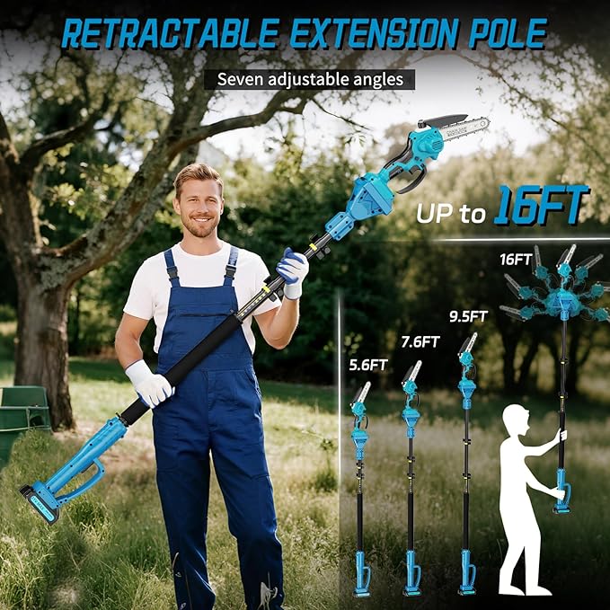 2-in-1 Cordless Pole Saw＆6 Inch Mini Chainsaw,16 FT Max Reach Pole Saw Battery Powered,Adjustable 180° Cutting Angle with 2 Battery,Pole Saws for Tree Trimming