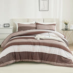 Litanika Brown Comforter Set King - 3 Pieces Lightweight Brown White Colorblock Stripe Fluffy Bedding Comforter Sets, All Season Bed Set