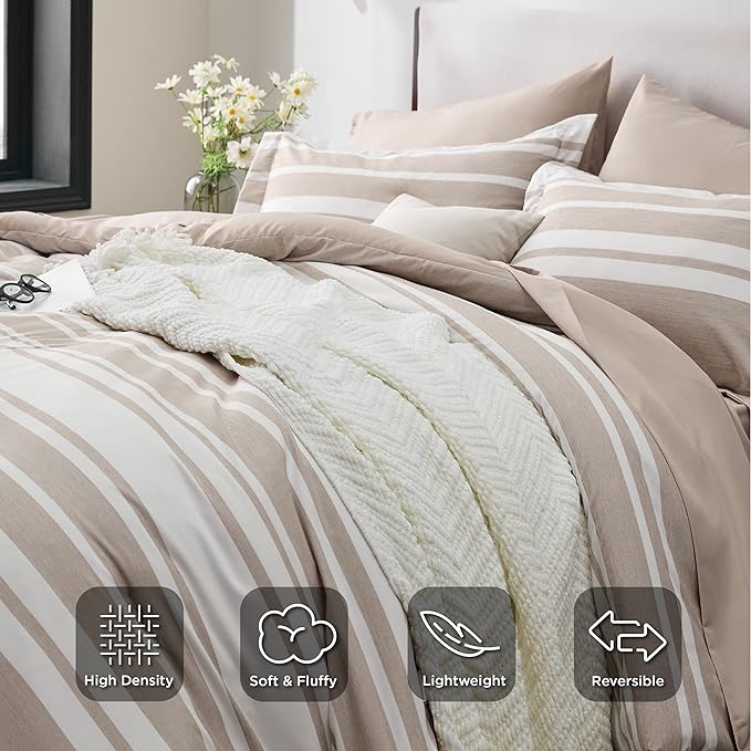 Bedsure Bed in a Bag Queen Size 7 Pieces, Light Camel White Striped Bedding Comforter Sets All Season Bed Set Khaki, 2 Pillow Shams, Flat Sheet, Fitted Sheet and 2 Pillowcases