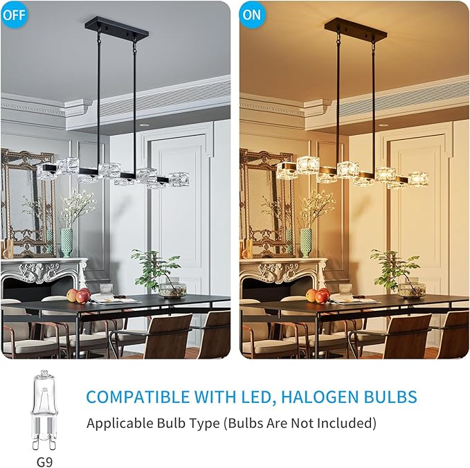 XINGQI Modern Chandeliers for Dining Room Over Table, 8-Light Rectangular Kitchen Island Light Fixture, Linear Farmhouse Metal Glass Black Vintage Hanging Lamp for Living Room Bar