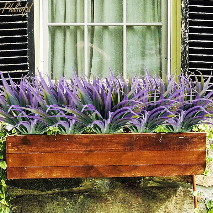 6Pcs Artificial Grass Fake Plants 17.3in Outdoor Plants UV Resistant Faux Greenery Stems Fake Grass for Home Window Garden Office Patio Pathway Front Porch Halloween Décor Green & Purple