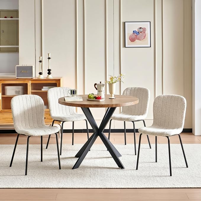 37 Inch Round Dining Table Set for 4, Modern Small Circle Kitchen Coffee Set for Apartment Living Room Office, Save Space(1 Imitation Wooden Table + 4 White Boucle Chairs)