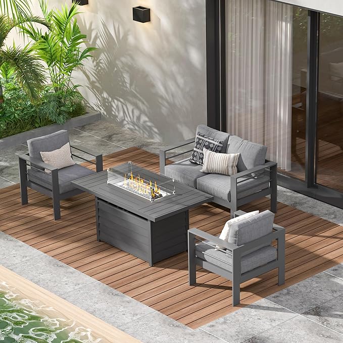 Wisteria Lane Aluminum Patio Furniture Set, 4 Piece Metal Outdoor Sofa Set with 54-INCH CSA Certified Propane Gas Fire Pit Table(Dark Grey)