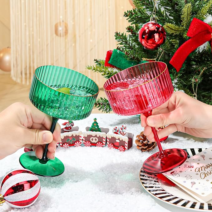 12 PCS Plastic Martini Glasses 10 oz Detachable Gold Rim Green Ribbed Coupe Glasses Vintage Christmas Martini Cocktail Glass for Bar,Margarita,Gin,Tequila, Desserts and Snacks