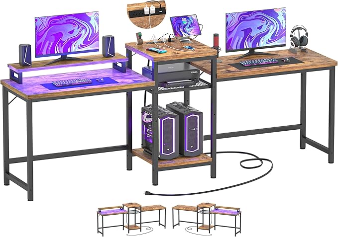 Unikito Double Computer Desk with LED Strip and Power Outlet, 2 Person Desk with Monitor Stand and Storage, Ergonomic Computer Desk with Printer Stand for Home Office, Long Gaming desk, Rustic Brown