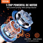VEVOR JW-301 Garbage 1/2HP 3450RPM DC Motor, Continuous Feed Sink Disposer, EZ Connect Food Waste Grinding System with Power Cord and Splash Guard, for Kitchen, Black